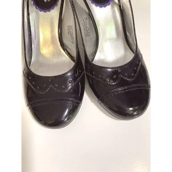 Vintage Inspired Wingtip Faux Black Patent Leather Slingback Heels Size 7.5 - Picture 9 of 10